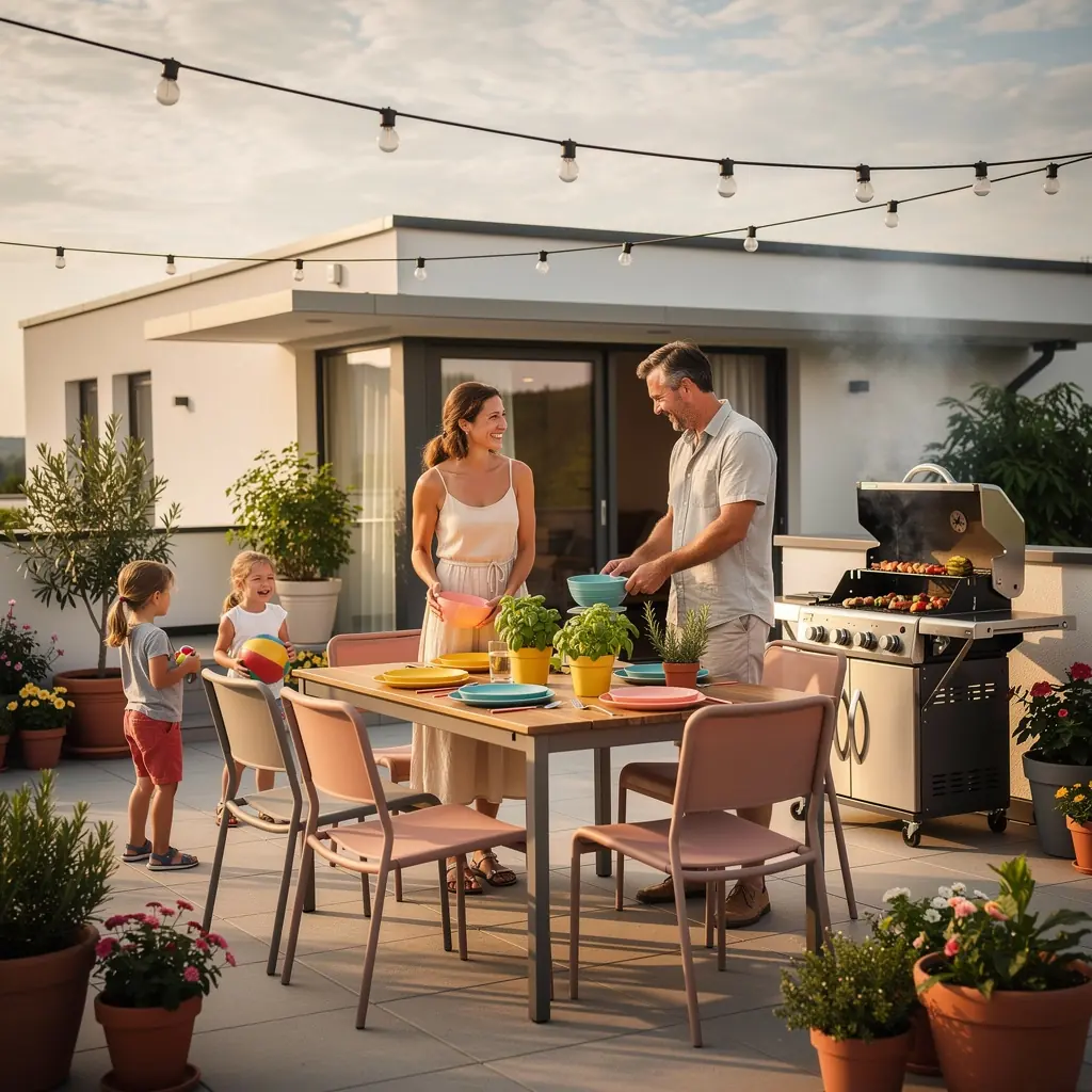 Gemütliches Wohnzimmer mit warmen Farbtönen und strapazierfähigen Möbeln.